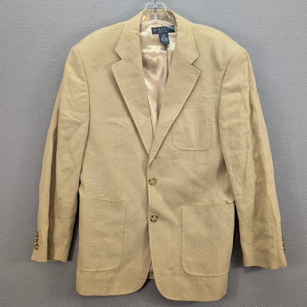 Giasone Mens 38S Tan 100% Linen Two Button Blazer Sport Coat Patch Pockets Short